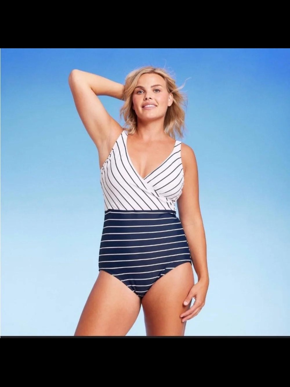 Kona Sol Navy & White Striped Wrap One-Piece Swimsuit